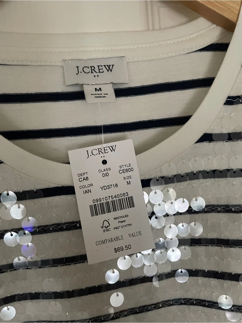 🪩 J. Crew White Tee with Navy Stripes and Silver Sequins 🪩 - Picture 2 of 5